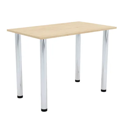 A rectangular table with a light wood top and four chrome legs, shown from a three-quarter angle against a white background.