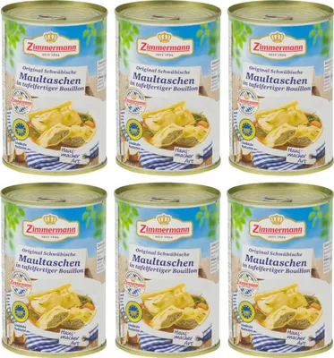 Produktbild von Food-United original schwäbische Maultaschen –12 Maultaschen mit Schweinefleisch-Spinat-Füllung in Bouillon 6x400ml Dose,von ZIMMERMANN Fleischwerke