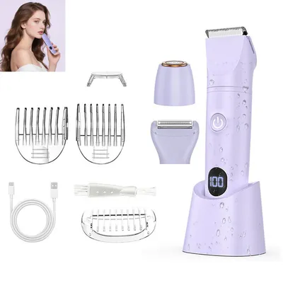 Produktbild von 3-in-1 Damen Rasierer & Bikini Trimmer – Nass & Trocken Elektrorasierer mit Wechselköpfen, USB-Ladung, Lila