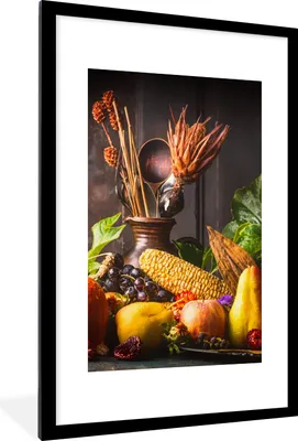 Produktbild von MuchoWow® Gerahmtes Poster Gemüse - Obst - Rustikal - Tisch 60x90 cm - Poster mit Schwarzem Bilderrahmen Wandposter Rahmen Foto Bilder - Dekoration - Wandposter Wohnzimmer - Hochwertig