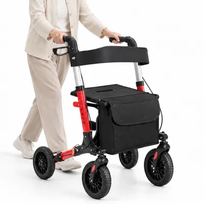 Produktbild von Zimilo Rollator klappbar mit Sitz und Rückenlehne, höhenverstellbare Gehhilfe für Senioren, 8 kg Aluminium Gehwagen belastbar bis 130 kg, Rot