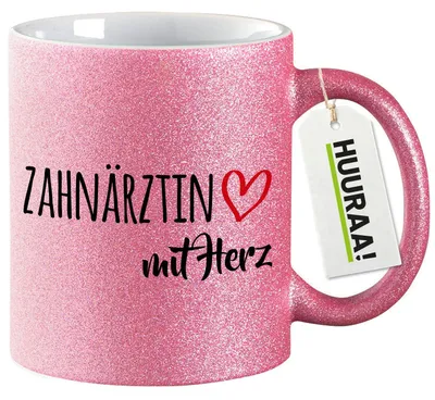 Produktbild von Huuraa Glitzertasse Zahnärztin mit Herz 330ml Pink Keramik Kaffeebecher Geschenkidee