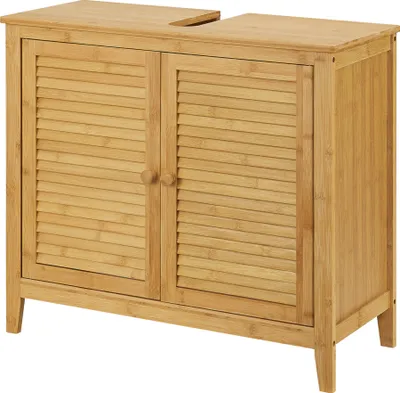 Produktbild von Bambus Waschbeckenunterschrank Värmdö 60 x 67 x 30 cm Badezimmerschrank mit 2 Türen Waschtisch mit 4 Füßen Unterschrank