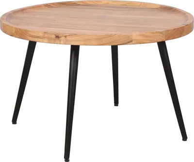 A round wooden coffee table with black metal legs, shown from a slightly elevated angle against a white background.