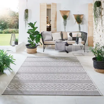 Produktbild von Steffensmeier Indoor Outdoor Teppich Norrland Garten Flur Balkon, wasserfest, strapazierfähig und pflegeleicht, Streifen Beige Sand, Größe: 80x150 cm
