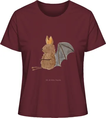 Produktbild von Mr. & Mrs. Panda Oberteil Damen Fledermaus Sitzen Größe S - Burgundy - Geschenk, T-Shirt für Frauen, Motivation, Fledermäuse, Entspannen, Lustige Sprüche, Basic Shirt