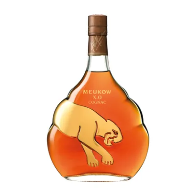 A bottle of Meukow XO Cognac with a panther embossed on the front, set against a white background.
