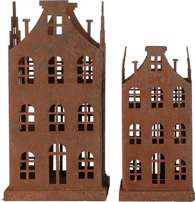 Obrázok produktu pre Clayre & Eef Dekoratívne figúrky Sada 2 domčekov 11x11x21 / 8x8x16 cm Hnedý kov