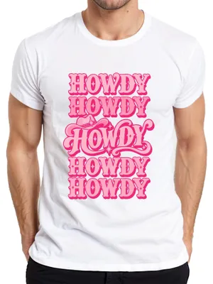 Immagine prodotto di T-shirt da uomo, stile western, con la scritta "Howdy Dolly Parton Cowgirl" e un motivo retrò, colore rosa, taglia 3XL