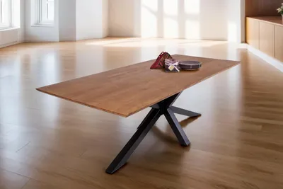 Produktbild von Esstisch 180x90 cm Abby, Akazienholz massiv + nussbaumfarben, Esszimmertisch mit Schweizer Kante, Spider-Metallgestell Schwarz, massiver Holztisch, Tischplatte 26mm
