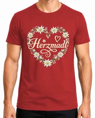 Immagine prodotto di Herzmadl Edelweiss, maglietta da uomo con motivo "Blumenherz", abbigliamento tradizionale, pantaloni in pelle, stile alpino, maglietta, rosso, taglia L