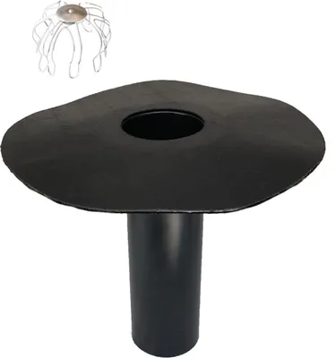 A black roof drain with a wide flange and a pipe extending downwards, shown next to a silver leaf guard.