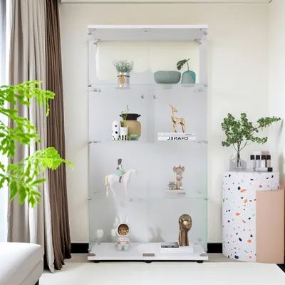 Immagine prodotto di UnboxG Vetrina in vetro bianca, 31,7 "x14,3 "x67,7" Vetrina moderna in vetro e legno Vetrina da collezione con 4 ripiani in ESG per oggetti da collezione libri vino, per ufficio soggiorno cucina