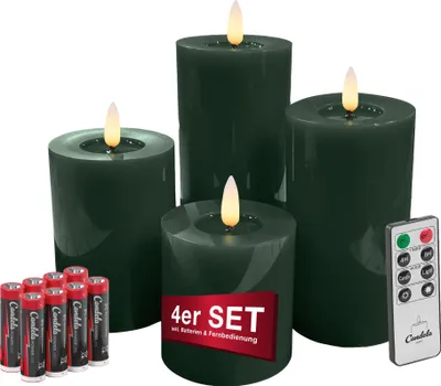 Produktbild von Candela Lights LED Kerzen 4er Set Winter Cream glatt Echtwachs inkl. Fernbedienung & Batterien Timer Funktion & mehrstufig dimmbar flammenlos Echtwachskerzen Stumpenkerzen