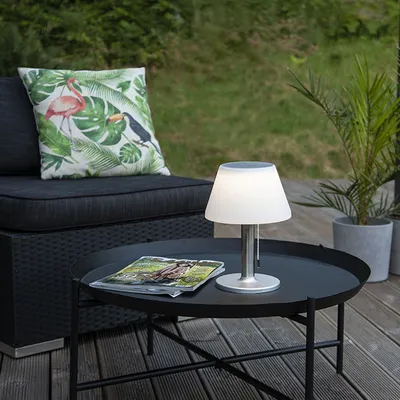 An outdoor patio setting with a table, chair, lamp, and plants.