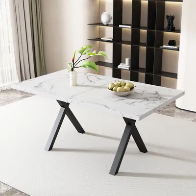 Produktbild von MODFU Esstisch Esszimmertisch Rechteckig, Küchentisch mit Metallbeinen, Tisch für Esszimmer Wohnzimmer,Design mit gekreuzten Beinen,Weiß