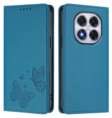 Produktbild von Lederhülle für Xiaomi Redmi Note 14 Pro 4G, Schmetterling Prägung Leder Brieftasche Schutzhülle mit Ständer Blau