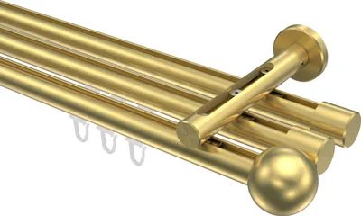A close-up studio shot of a brass-colored curtain rod system.