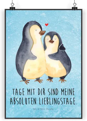 Produktbild von Mr. & Mrs. Panda Bild Pinguin umarmen DIN A4 - Eisblau - Geschenk, Wandbild, Hochzeitstag, Liebe, wanddeko, drucke, Plakat, Hochzeit, Wanddekoration
