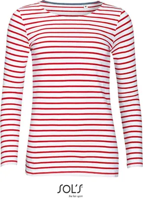 Image de SOLs 01403 | T-shirt femme manches longues rayé marine - Couleur : Blanc/Rouge - Taille : S