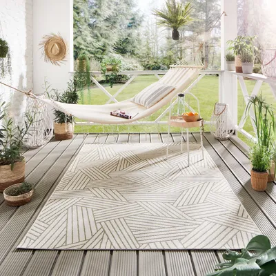 Produktbild von Steffensmeier Indoor Outdoor Teppich Öland Balkon Terrasse Küche Garten wasserfest Kunststoff, strapazierfähig , Kristall Beige Grün, 80x150 cm