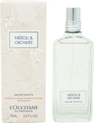 A bottle of L'Occitane Néroli & Orchidée Eau de Toilette and its packaging are displayed side-by-side against a white background.