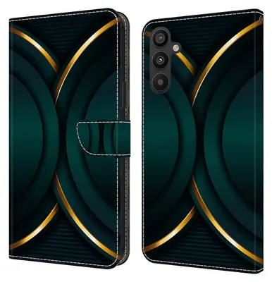 A product image showing a phone case in an open and closed state, with a dark green and gold abstract design.