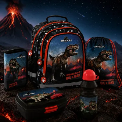 Produktbild von 5in1 Dinosaurier SCHULRUCKSACK SCHULRANZEN Set Ranzen Federmäppchen Turnbeutel fur jungen T-REX DINO Tyrannosaurus, KI-generiertes Bild