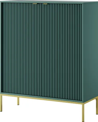 Zdjęcie produktu dla DomoHome Komoda z wysokim ożebrowaniem NOVA - 2 drzwi Wysoka komoda ze złotymi uchwytami Kolor: Lablador Glamour Wysoka komoda na złotych nóżkach 125x104x39cm - Elegancki mebel do salonu