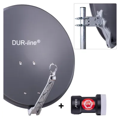 A satellite dish and its components are displayed against a light gray background.