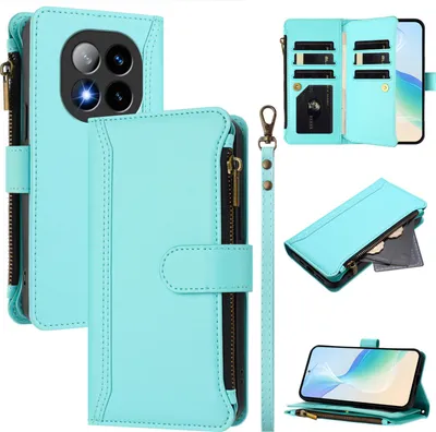 Image de Etui pour Xiaomi Redmi Note 14 Pro Plus, zippé, étui portefeuille en cuirPolyuréthaneavec pochettes pour cartes, support et dragonne vert menthe