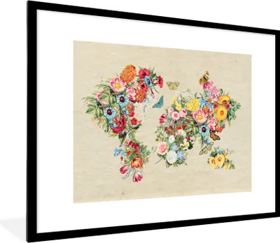 Produktbild von MuchoWow® Gerahmtes Poster Weltkarte - Vintage - Blumen 80x60 cm - Poster mit Schwarzem Bilderrahmen Wandposter Rahmen Foto Bilder - Schlafzimmer-Dekorationen - Fotoposter