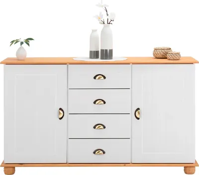Produktbild von Sideboard COLMAR, Weiß/Braun - Flurkommode im Landhausstil mit 4 Schubkästen und 2 Türen, Kiefer Massivholz, Muschelgriffe aus Metall, für Schlafzimmer oder Wohnzimmer