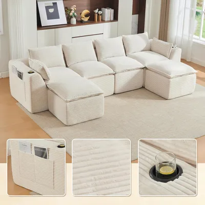 Produktbild von Modulares 4-Sitzer Cordsofa 2 Fußhocker Kissen Getränkehalter Seitentaschen 322x161x75 cm beige