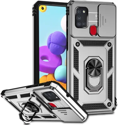 Produktbild von Galaxy A21S Hülle mit Schiebe Kamera Schutz und Ringhalter Ständer Robust Rüstung Schutzhülle für Samsung Galaxy A21S Silber