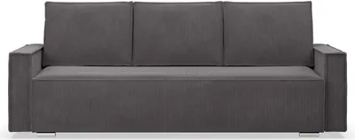 A front view of a dark gray sofa with three back cushions and a solid seat.