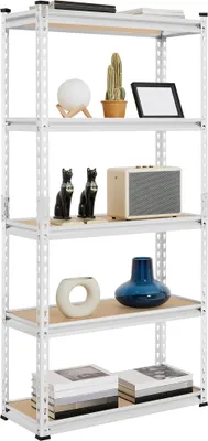A white metal shelving unit with five shelves, displaying various decorative items and books.