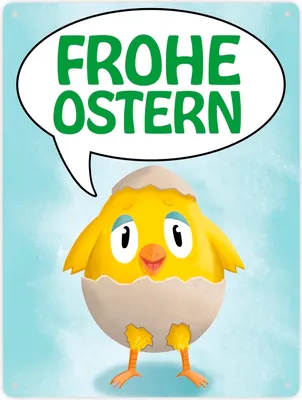 Produktbild von Frohe Ostern Metallschild XXL in 28x38 cm mit süßem Küken in Eierschale