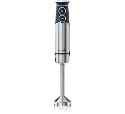 A silver and black immersion blender is shown upright against a white background.