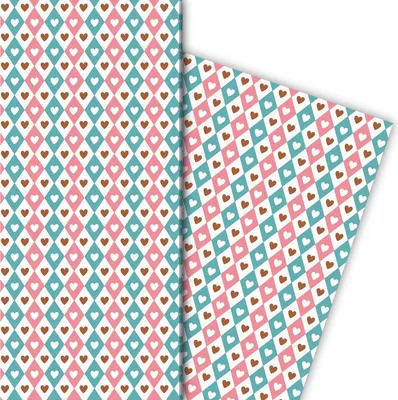 Produktbild von Herz Geschenkpapier mit rauten Muster auf weiß - G7657, 32 x 48cm