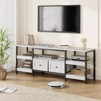 Obrázek produktu pro Nízka televizní komoda pro televizory do 63 palců, 2 zásuvky, 5 otevřených polic, bílá, 160x40x65 cm