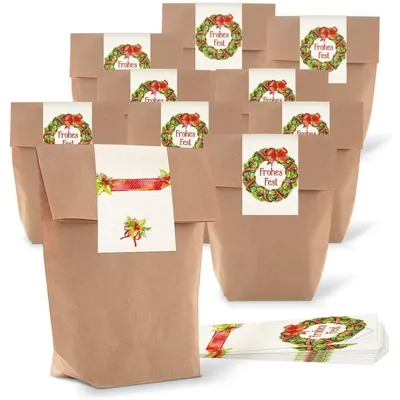 Produktbild von Logbuch-Verlag 10 kleine Papierbeutel Verpackung für Weihnachtsgeschenke Papier Tüten mit Weihnachtsaufkleber und FROHES FEST Text10 Stück