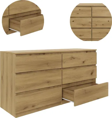 Zdjęcie produktu dla YUMEBLY | Komoda BASIC z 6 szufladami 140x75x40 cm – pojemna komoda do salonu, sypialni i biura | Dąb Artisan