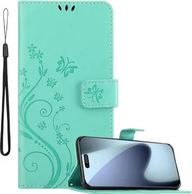 Produktbild von Cadorabo Hülle für Apple iPhone 17 PRO MAX Hülle in FLORAL TÜRKIS Schutzhülle im Blumen Design mit Magnetverschluss, Standfunktion und Kartenfächern Book Case Cover