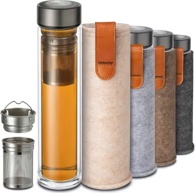 Produktbild von Teeflasche mit Sieb to Go 500ml - Doppelwandiges Glas mit Filztasche - Hitzebeständig - Auslaufsicher - Spülmaschinenfest