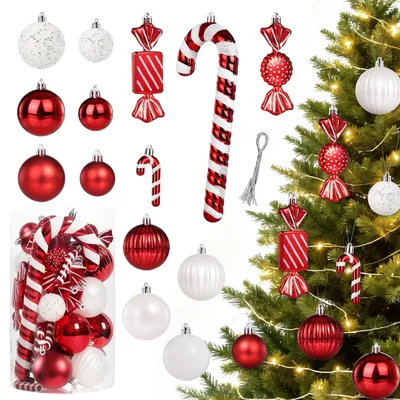 40er Set Weihnachtskugeln rot/weiß, Kunststoff, mit Glitzer