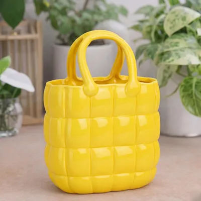 Produktbild von Blumenvase Handtasche aus Keramik, Dekovase in Gelb