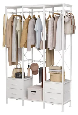 Produktbild von Offener Kleiderschrank mit Schubladen – Stahlrahmen – 3 Kleiderstangen – 4 Schubladen
