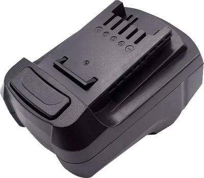 A black power tool battery pack is shown against a white background.
