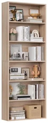 Image de Étagère bibliothèque en bois, 6 compartiments, dimensions 180 x 60 x 23,5 cm, finition hêtre clair